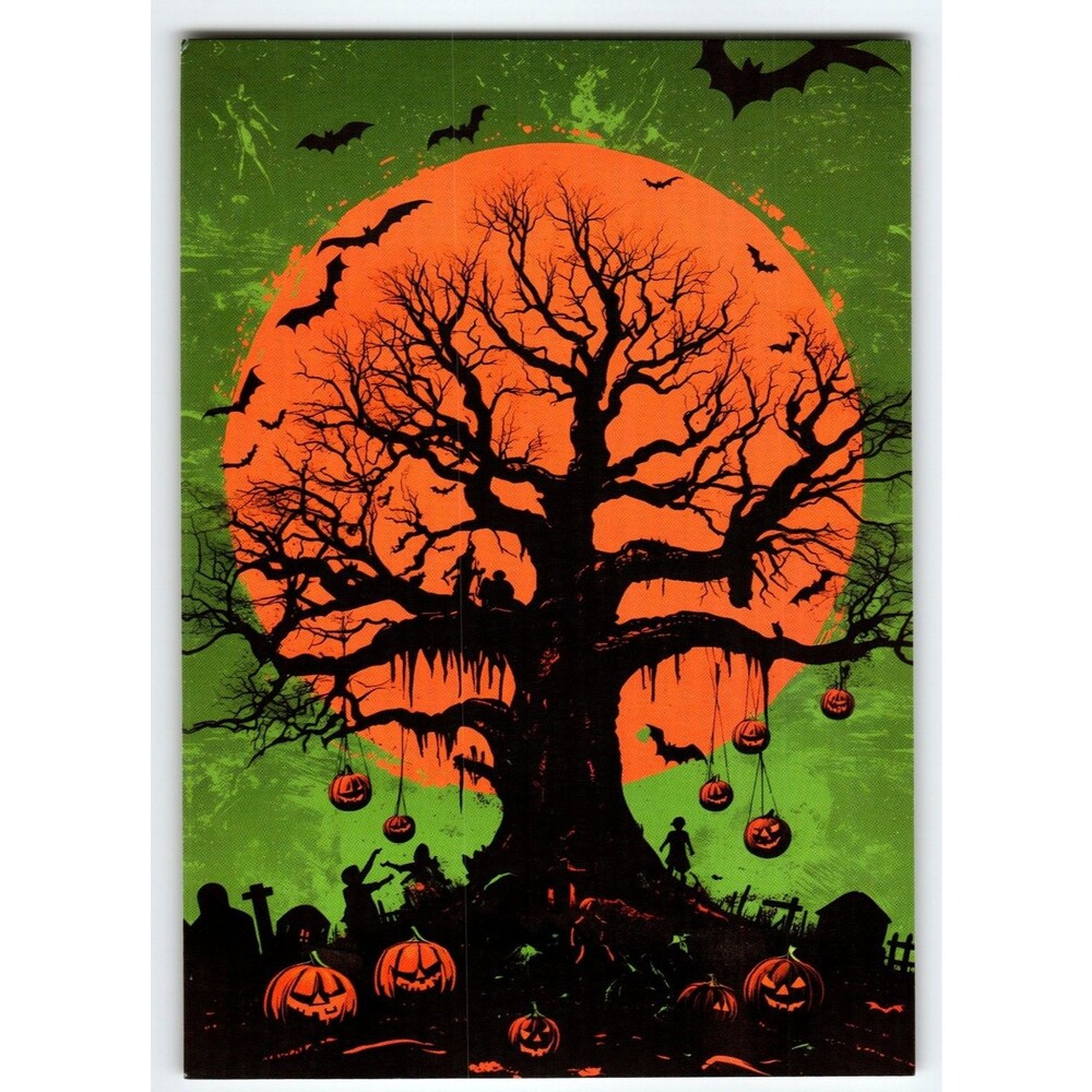 Vintage Halloween Postcard with Spooky Tree & Jack-O'-Lanterns 5.5x4"